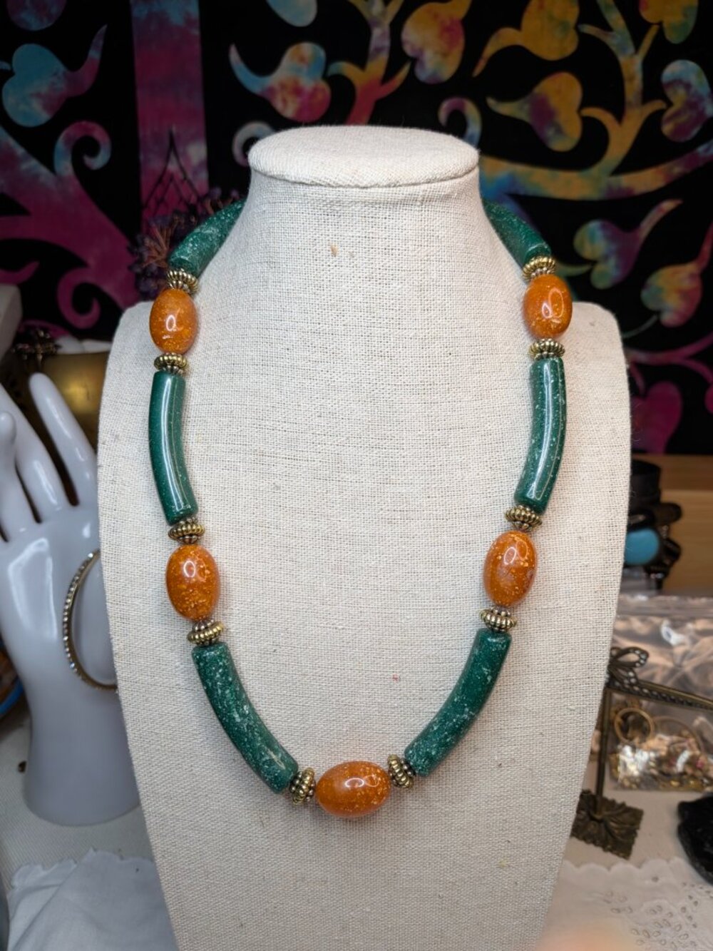 Vintage 1970s Faux Amber & Faux Jade Lucite Tribal Statement Necklace